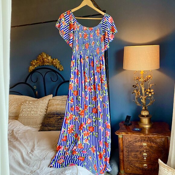 Summer Beachy Blue and White Stripe Floral Dress - Picture 4 of 6